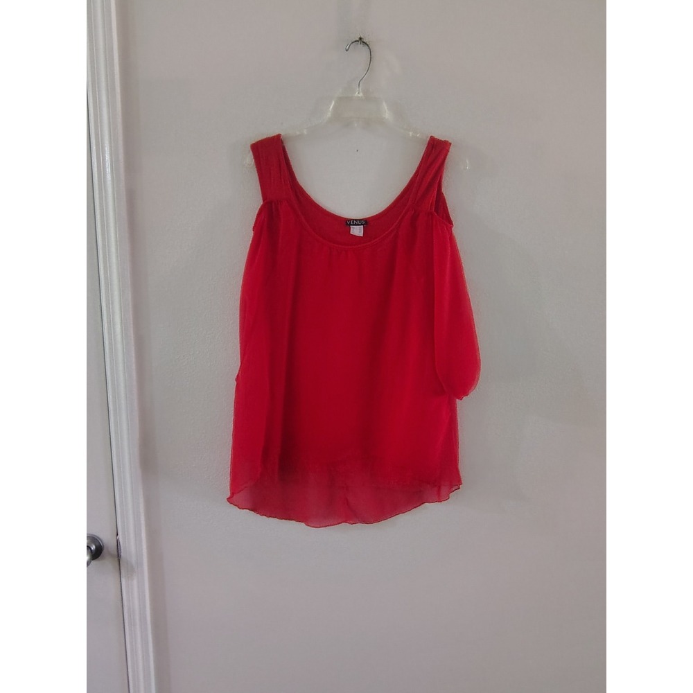 Venus Red Cold Shoulder Blouse Flowy Chiffon Layered Top Large